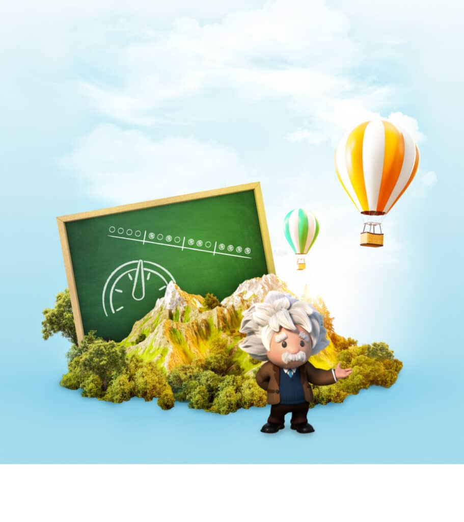 einstein in front of a mountain range with chalkboard and hot air baloon